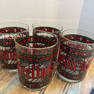 Vintage Holiday Seasons Greetings Glass Set with Red and Green Design